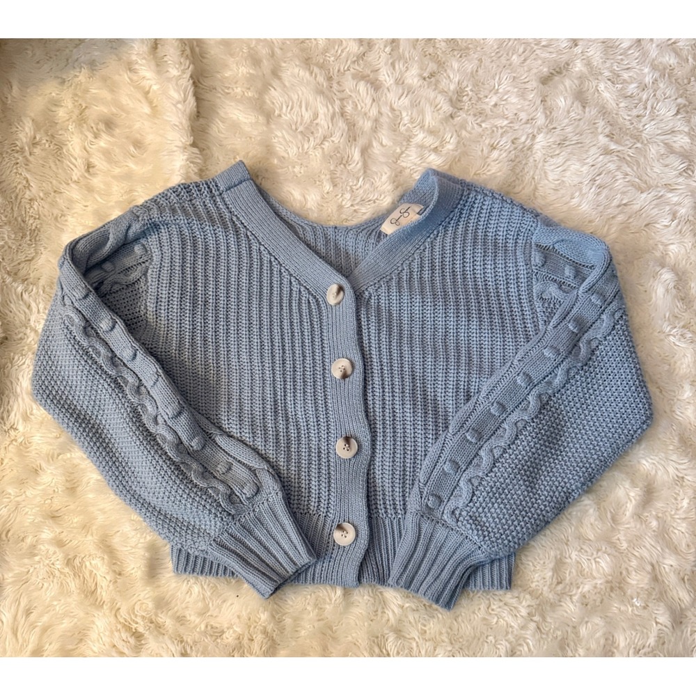 Jessica Simpson Cardigan Women XS Blue Chunky Cable Knit Pom Pom